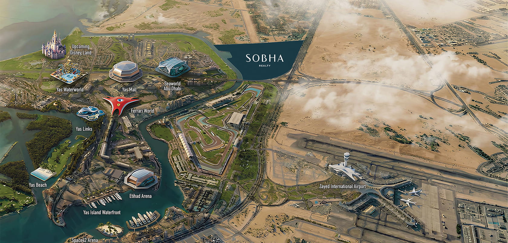 Community map showing Sobha City near Yas Island landmarks and Zayed International Airport